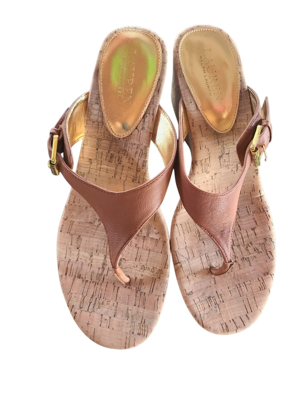 Lauren Ralph Lauren Oralee Cork Wedge Thong Sandals Brown Leather 10B
